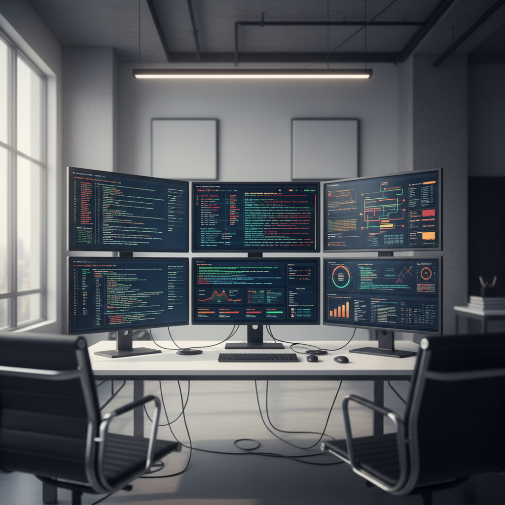 Empty modern office with bank of monitors showing code, system logs and a model training dashboard