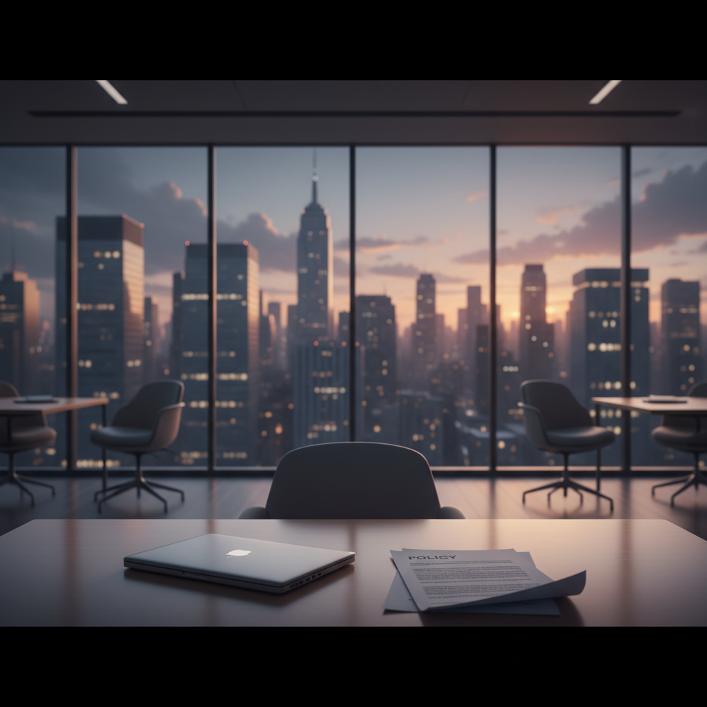 Empty modern open-plan office with a closed laptop on a desk, a printed policy on the table, and a city skyline through a large window at dusk